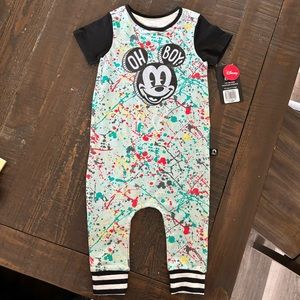 NWT RAGS Romper 'Oh Boy' Mickey Mouse Paint Splatter Disney Collection 12-18M